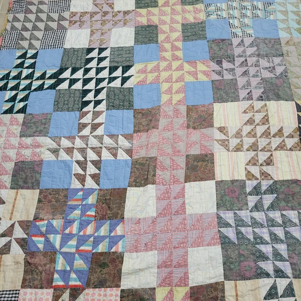 Vtg Handmade Patchwork Quilt Reversible 74x69 Farmhouse Throw Machine Stitch